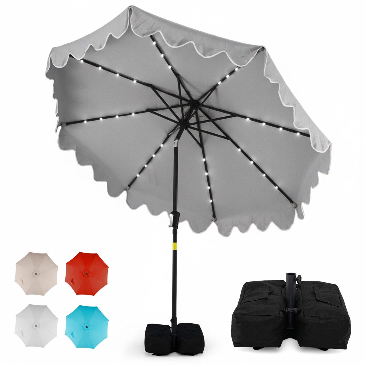 9 Foot Patio Umbrella with Built-In Solar LEDs and Heavy Base